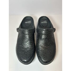 Dansko Clogs Women's Black Leather Embossed Floral Comfort Slip On Shoes Size 39